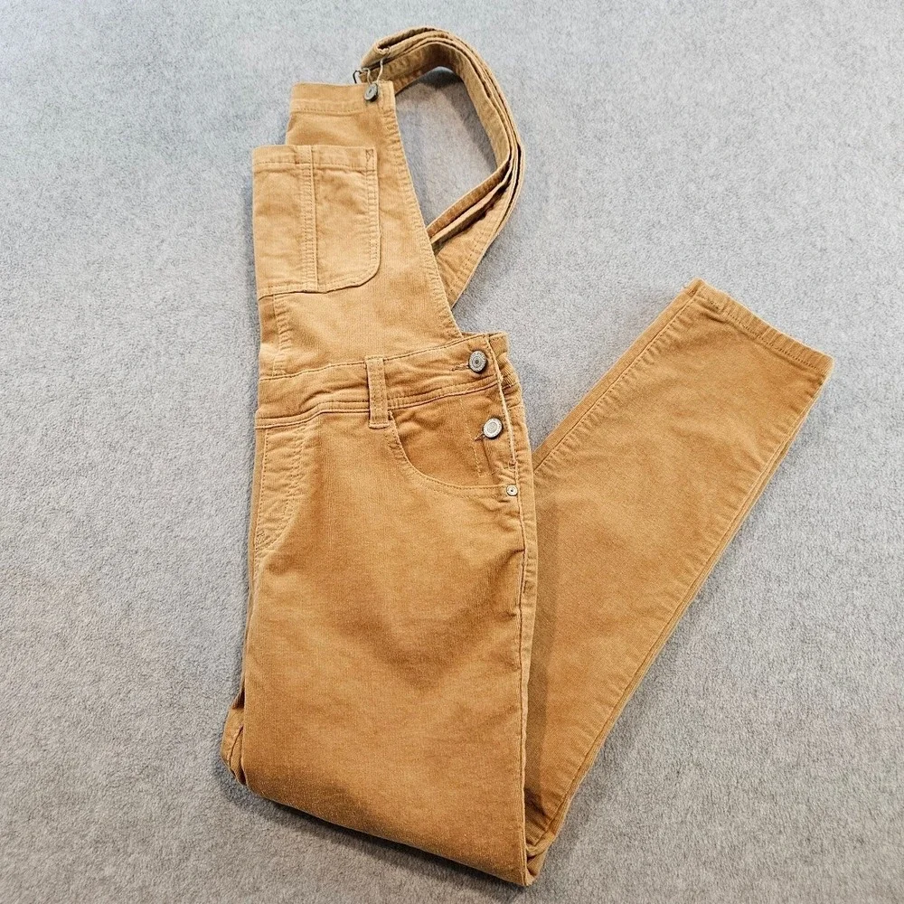 WallFlower Womens Corduroy Overalls Camel Tan Slim Leg Bib Dungarees L